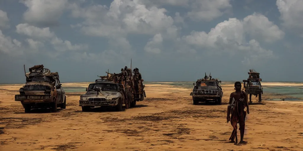 Image similar to sri lankan mad max style, ocean, perspectiv from a big ship, film still, epic shot cinematography, rule of thirds