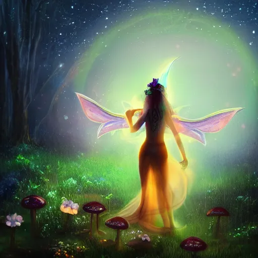 Image similar to attractive, fairy, woman, in the night, fantasy, crescent moon in background, luminous, toadstools, fireflies, fantasy, mist, highly detailed painting, fine lines, light rays, mid shot, 8 k realistic, sharp focus