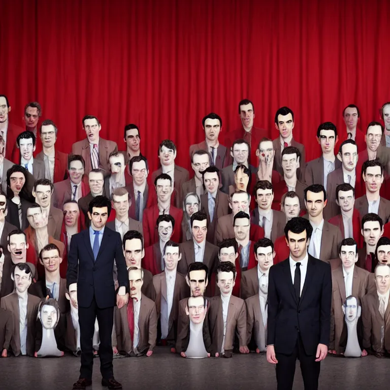 Image similar to focused dslr medium shot photograph of nathan fielder standing in front of dozens of nathan fielder clones on puppet strings from nathan for you on comedy central on a stage with a red curtain, meta, fractal, trippy, high detail!!! 8 k!!!!, photorealism!!!, sharp focus!!! coherent!!!