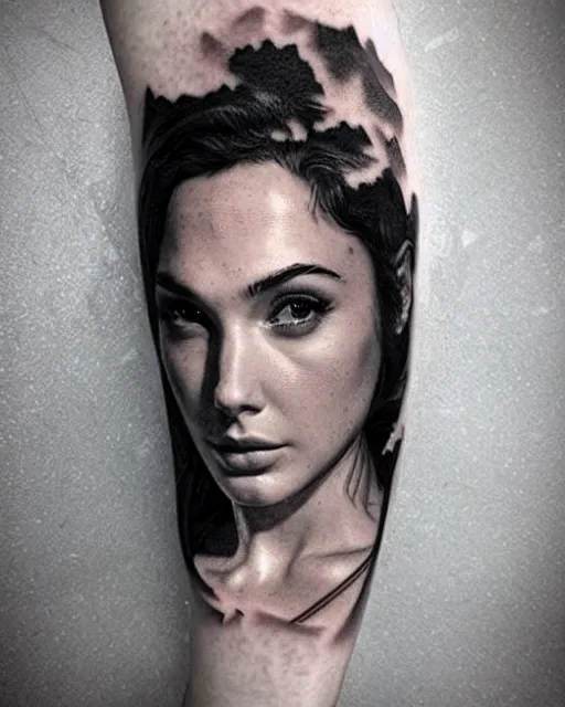 Image similar to creative double exposure effect tattoo design sketch of beautiful gal gadot faded with beautiful mountain scenery, realism tattoo, in the style of matteo pasqualin, amazing detail, sharp