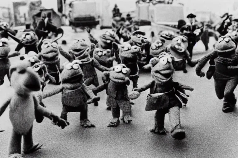 Image similar to a vintage photo of the Muppets storming Normandy