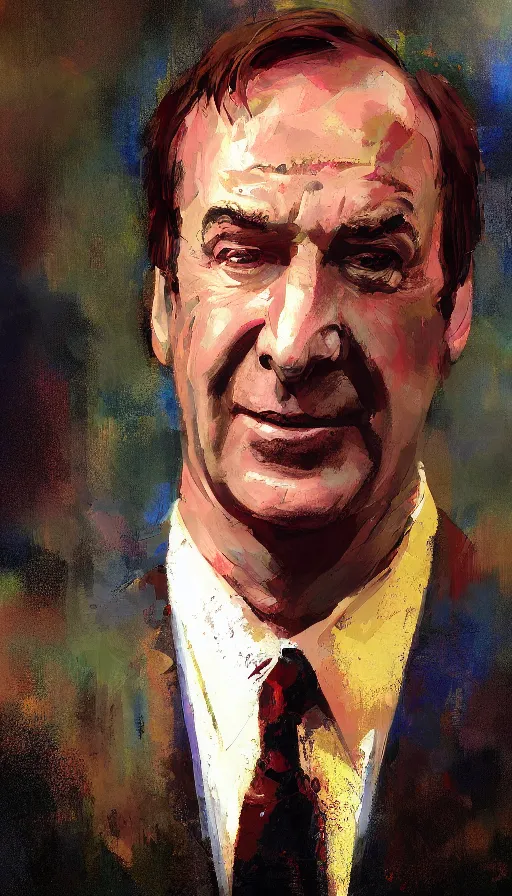 Prompt: promotional oil portrait of saul goodman by craig mullins