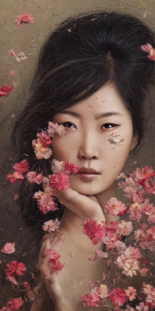 Image similar to very beautiful highly detailed and expressive oil painting of an asian woman's face dissolving into petals and flowers by james jean, masterpiece, dynamic lighting, intricate linework, 8 k, flowers