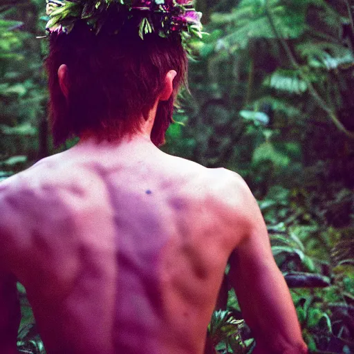 Image similar to close up kodak portra 4 0 0 photograph of a skinny guy standing in a dark exotic jungle, back view, flower crown, moody lighting, telephoto, 9 0 s vibe, blurry background, vaporwave colors, faded!,