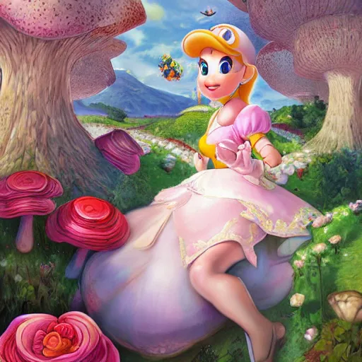 Image similar to portrait of princess peach from Mario, running up a hill of exotic flowers in the Mushroom Kingdom, giant red and white spotted mushrooms, and roses, from behind, Castle in distance, birds in the sky, sunlight and rays of light shining through trees, beautiful, solarpunk!!!, highly detailed, digital painting by Michael Garmash and Peter Mohrbacher