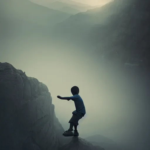 Image similar to a boy having basket on his back and he is climbing on the mountain, tall boy by Greg rutkkwski, Sung Choi, 8k Photo realistic, cinematic lighting, HD, high details, atmospheric, foggy , magical effect, clean and clear fave, full body, trending on artstation, devianart, golden ratio, rule of thirds