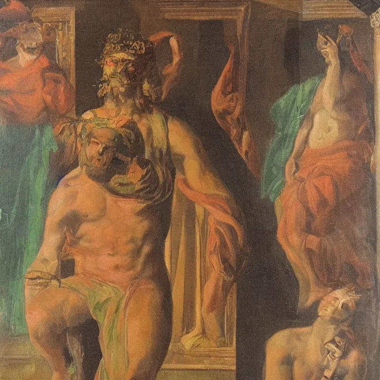 Image similar to portrait of Dionysus, the Greek god of wine, making eye contact with his partner across the room by 20th-century artist Francis Bacon