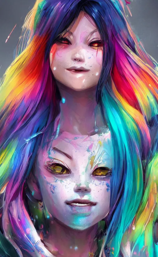 Prompt: a kawaii woman with rainbow hair smiling, kawaii shirt and jeans, In style of by Jordan Grimmer and greg rutkowski, concept art, highly detailed