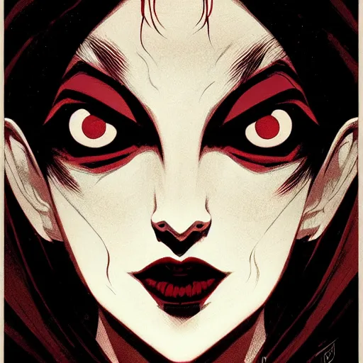 Prompt: beautiful vampire queen, symmetrical face, evil, closeup, cinematic, dramatic, powerful, super detailed and intricate, by koson ohara, by darwyn cooke, by greg rutkowski, by satoshi kon