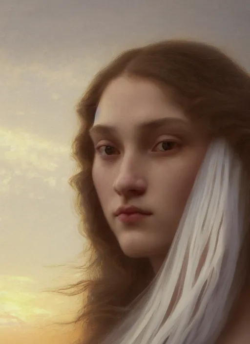 Prompt: oil painting close up portrait of a contemplative young norwegian woman with very long dark flowing hair in a dress made of white roses!! at sunset, hazy, digital art, chiaroscuro, artstation, cinematic, golden hour, digital art painting by greg rutkowski, william - adolphe bouguereau, hazy atmosphere, cinematic lighting