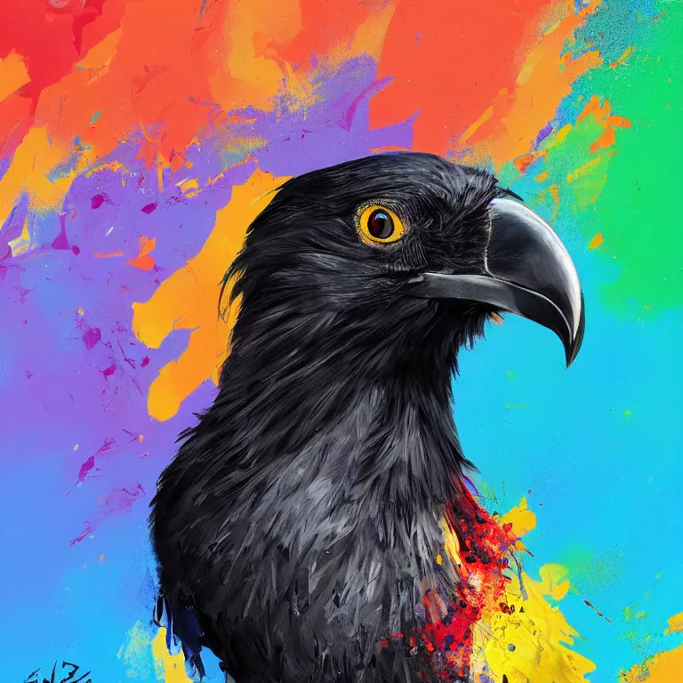 Prompt: colorful illustration of black raven bird, colorful splatters, by andy wrahol and zac retz and kezie demessance