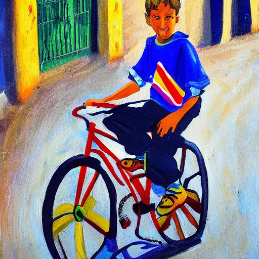 Prompt: a painting of a boy riding a bicycle in spain