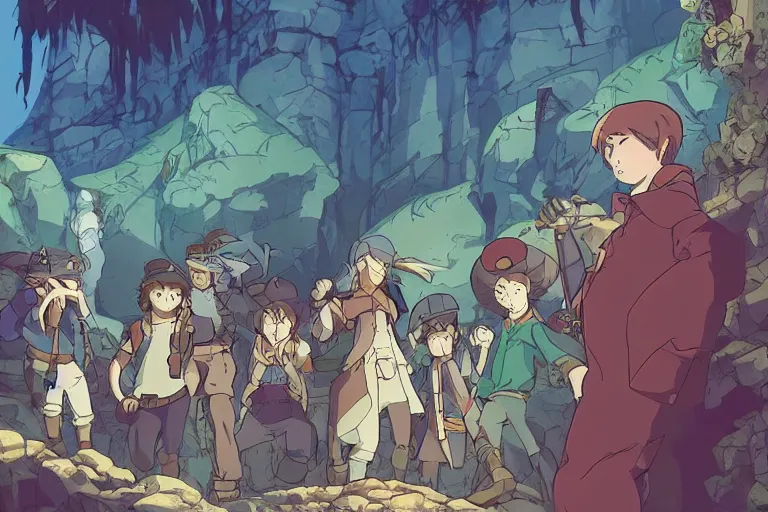 Image similar to cell shaded key visual of a group of adventurers find treasure in a dungeon, in the style of studio ghibli, moebius, makoto shinkai,