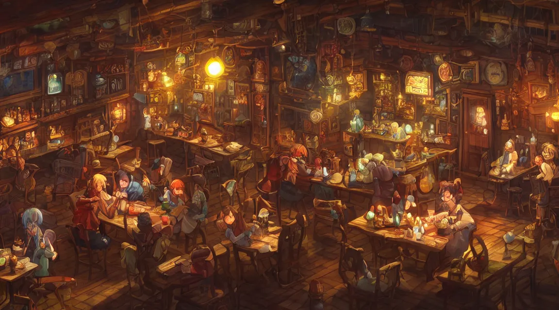 Prompt: A multidimensional cozy tavern, screenshot from anime hidden object game, cinematic lighting, epic composition, cartoon, animation, background art, post processing, 8K resolution