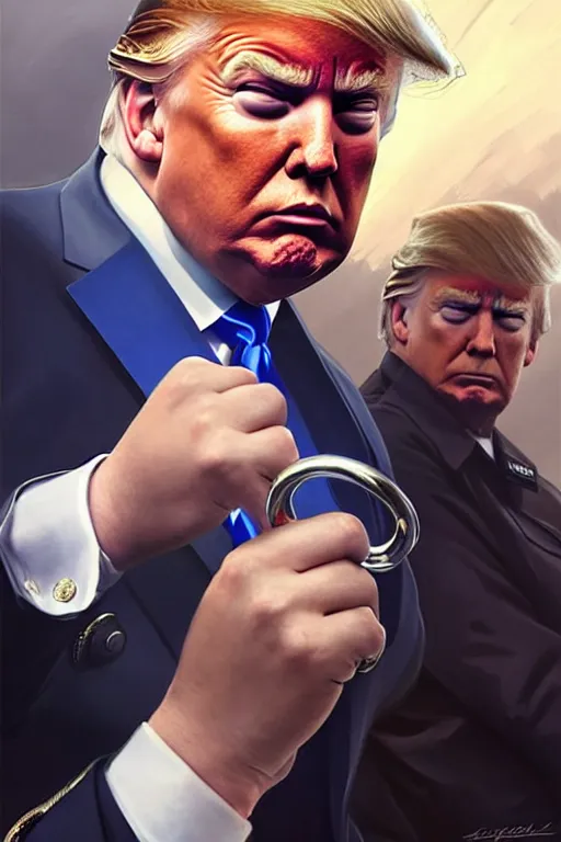 Image similar to donald trump being handcuffed by a police officer front of a police car, elegant, real life skin, intricate, high detailed, artstation, concept art, smooth, sharp focus, art by artgerm and greg rutkowski