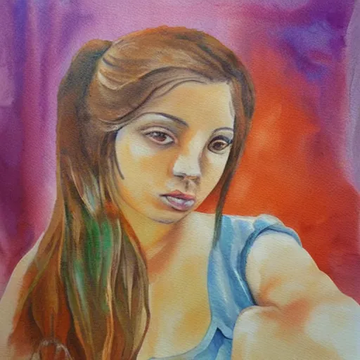 Prompt: painter girl painting on a canvas water colour painting