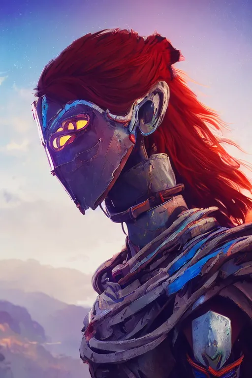 Image similar to combination suit armor aloy horizon forbidden west horizon zero dawn radiating a glowing aura global illumination ray tracing hdr fanart arstation by ian pesty and alena aenami artworks in 4 k tribal robot ninja mask helmet backpack