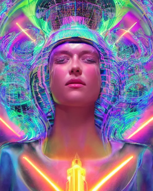 Image similar to a powerful energy psychedelic matrix priestess, by alexander fedosav, hyper detailed digital matte painting, concept art, hyperrealism, 1 6 k resolution, cinema 4 d, 8 k resolution, trending on artstation, behance hd, a masterpiece, by stephan martiniere, particles, cel - shaded, power bright neon energy, by david a. hardy,