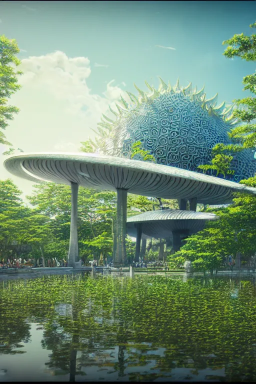 Image similar to expo 6 7 pavillion, solarpunk, studio ghibli, jean - baptiste monge, octane render, 4 k, symmetry