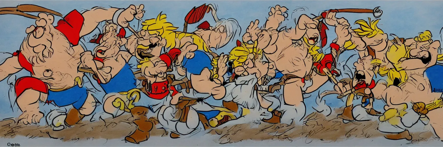 Image similar to a drawing of a fight with Asterix, Obelix, Tintin, Snowy, captain haddock. highly detailed