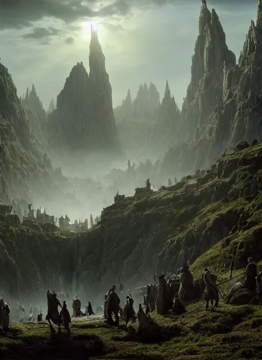 Prompt: group of medieval adventurers in the shire scenery landscape, lord of the rings, inside an enormous alien cathedral, portal to another dimension, highly detailed, cinematic lighting, perfect composition, 4 k, gustave dore, derek zabrocki, greg rutkowski, beksinski, octane render