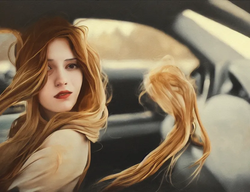 Prompt: girl with brown and winding hair driving a car, motion photo, early morning, golden hour, bleach bypass, warm tones, beige colors, sunlight, digital 2 d, polaroid, high - key lighting, by lisa yuskavage, by serov valentin, by krenz cushart