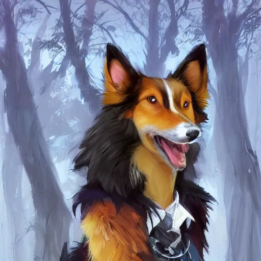 Image similar to portrait of a cute anthro male anthropomorphic border collie fursona wearing a suit in a sunny glade. by henry asencio, jon foster, and ross tran. scenic background, highly detailed, concept art, furry, glamor pose, elegant, aesthetic, beautiful, trending on artstation, top rated on furaffinity and deviantart