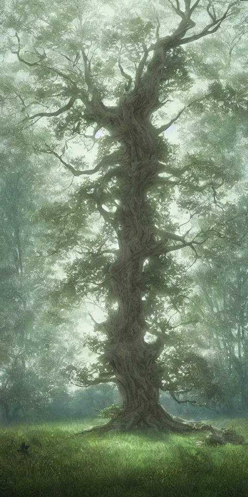 Image similar to a big tree in a meadow with white leaves and some leaves falling retro digital painting, artstation, concept art, soft light, hdri, smooth, sharp focus, illustration, fantasy, intricate, elegant, highly detailed, D&D, matte painting, in the style of Greg Rutkowski and Alphonse Mucha and artemisia, 8k, highly detailed, jurgens, rutkowski, bouguereau, pastoral, rustic, georgic