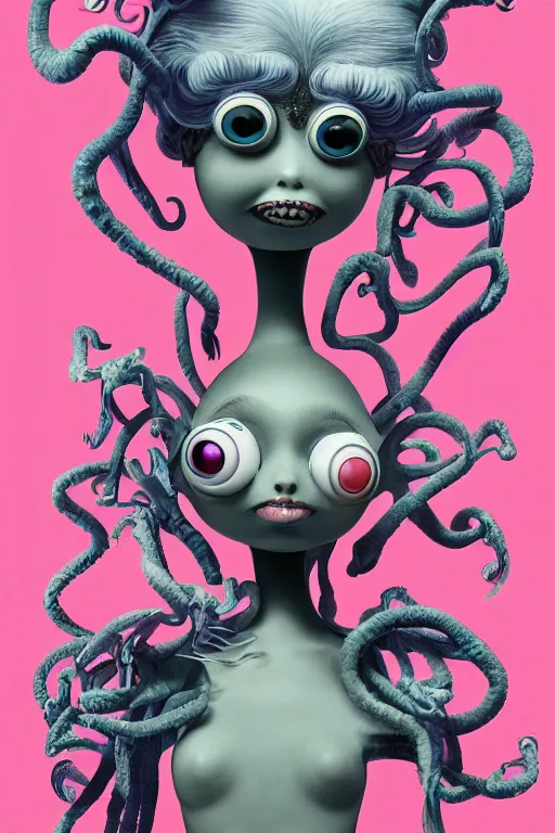 Image similar to 3 d full head and shoulders beautiful white porcelain woman with colourful big eyeballs all through her hair, ornate detailed hair, 3 d swirling hair by theodor seuss geisel and daniel arsham and xiang duan, simon stalenhag john waters, dr seuss kim jung gi, on a white background