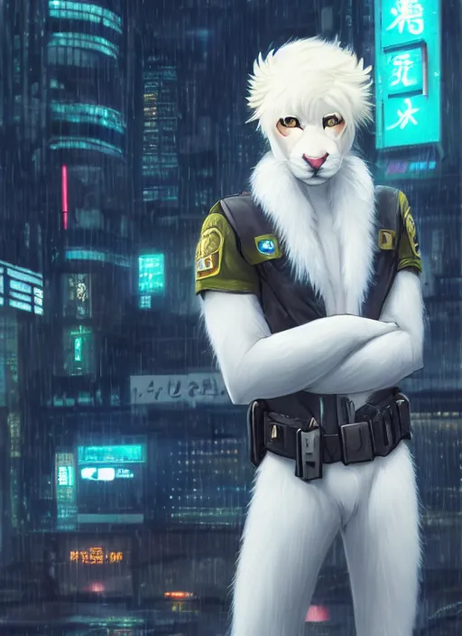 Prompt: character portrait of a male anthro albino mountain lion fursona with a tail and a cute beautiful attractive furry face wearing a cybertech police uniform in a cyberpunk city at night while it rains. hidari, color page, tankoban, 4K, tone mapping, Akihiko Yoshida.