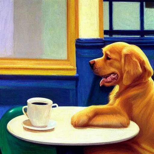 Image similar to golden retriever puppy sitting at a diner drinking a cup of coffee, looking melancholy, edward hopper,