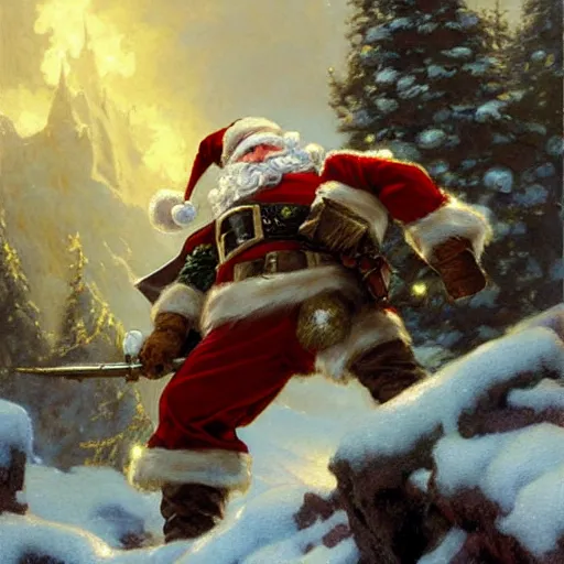 Image similar to a fantasy style santa claus magical fighter in a snowy setting, highly detailed painting by gaston bussiere, craig mullins, j. c. leyendecker, 8 k