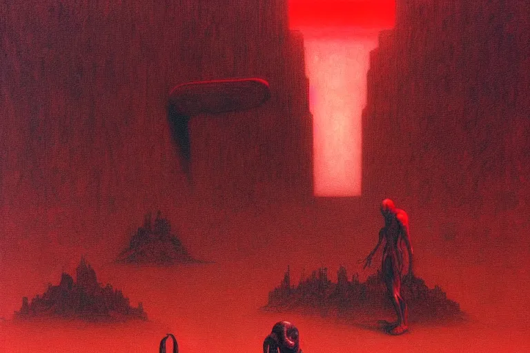Image similar to only with red, a red god of death eat apple, a futuristic city on mars in background, floor are worms, in the style of beksinski, part by hopper, part by rodcenko, part by hofbauer, intricate composition, red by caravaggio, insanely quality, highly detailed, masterpiece, red light, artstation