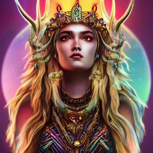 Image similar to highly detailed full body portrait of Artemis, goddess of the hunt and the moon, wearing a crown made of antlers, cinematic lightning, bright colors, intricate, masterpiece, photorealistic, hiperrealistic, sharp focus, high contrast, Artstation HQ, DeviantArt trending, 4k UHD, Unreal Engine 5