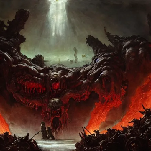 Image similar to doom eternal concept art by brueghel, epic movie still frame of hell by jakub rozalski, garden of eternal delights hell by hieronymus bosh