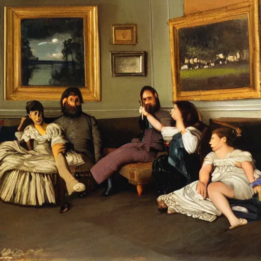 Prompt: oil on canvas painting by gustave courbet [ 1 8 6 6 ] of the simpsons as humans watching tv from their family room couch, 8 k, 4 k