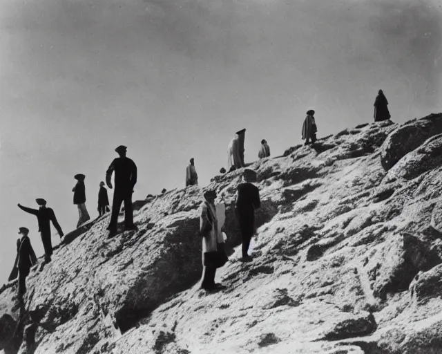 Image similar to a group of people standing on top of a mountain, a black and white photo by Sergio Larraín, featured on flickr, remodernism, movie still, criterion collection, 1920s