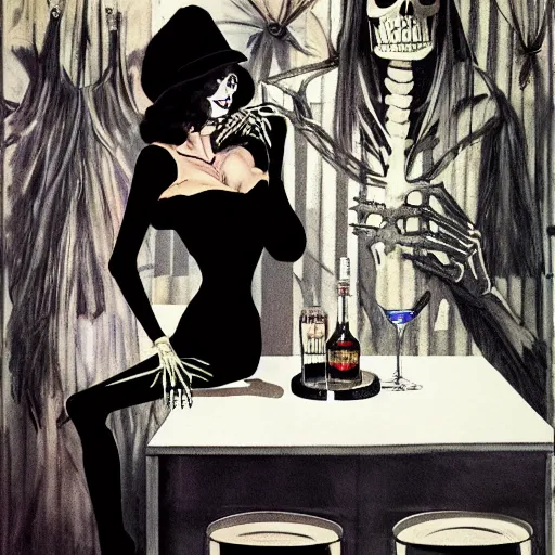 Image similar to a skeleton in a black suit sitting at the bar at the disco club drinking tequila, talking to a beautiful woman in a low cut blouse and a miniskirt, holding a martini, by Basil Gogos and Robert McGinnis