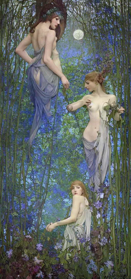 Image similar to painterly dreamy Kupala Night in the blue forest with trees which have eyes, giant flowers, glowing owls, deers, lianas, thistles, giant fantasy creatures, a stream and sky with moon and stars by Alphonse Mucha, Artgerm, Alex Grey, Aron Wiesenfeld and Giger dark fantasy, witcher, very detailed oil painting in the alla prima style, masterpiece, 8k