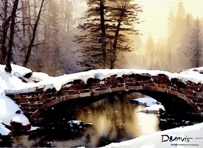 Image similar to watercolor of rustic stone bridge winter landscape, glistering, high detailed art by dennis miller bunker, work by anders zorn, wonderful masterpiece by greg rutkowski, beautiful cinematic light, american romanticism by greg manchess, creation by tyler edlin