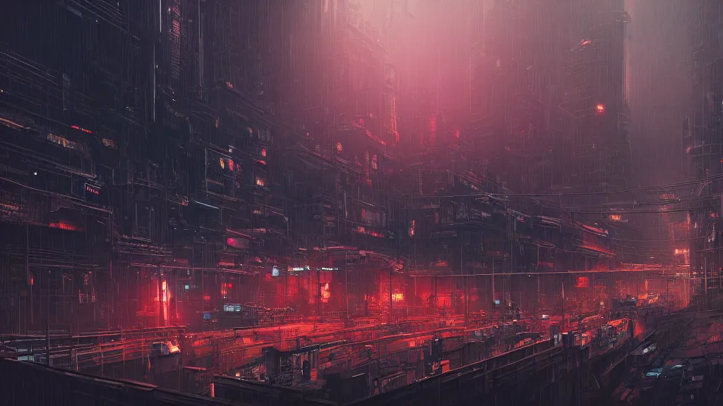 Prompt: cyberpunk industrial site. cyberpunk factories. cyberpunk city backdrop. night time. blade runner. rain. rail tracks. cyberpunk industrial area. digital render. digital painting. beeple. noah bradley. cyril roland. ross tran. trending on artstation