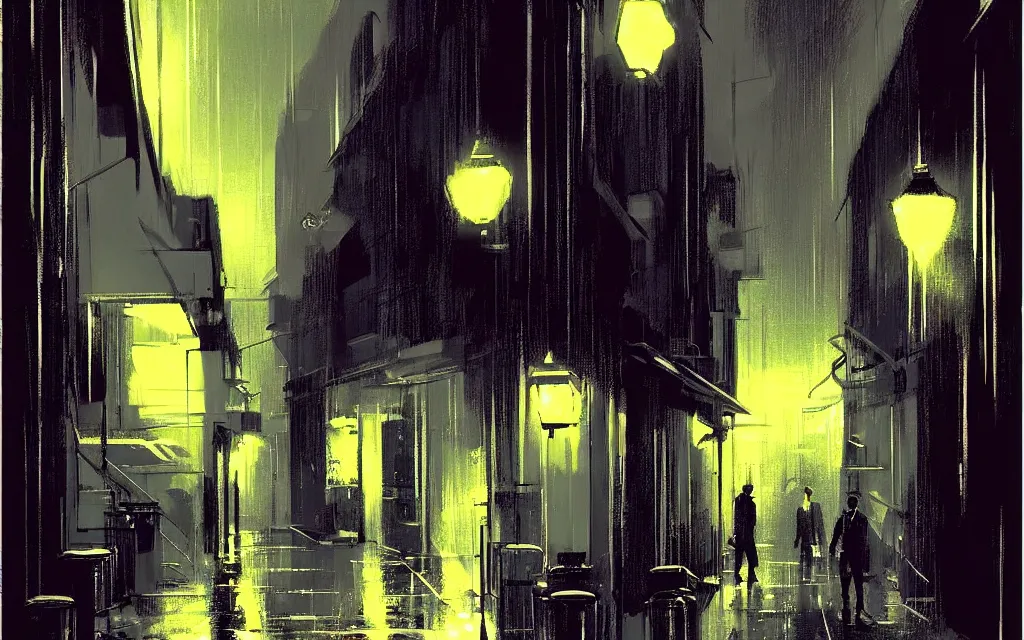 Image similar to !dream concept art, dark wet london alley at night, by ashley wood, by roger deakins, in the style of syd mead atmospheric