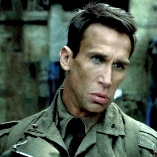 Image similar to movie still of derek zoolander in saving private ryan, using blue steel against germans