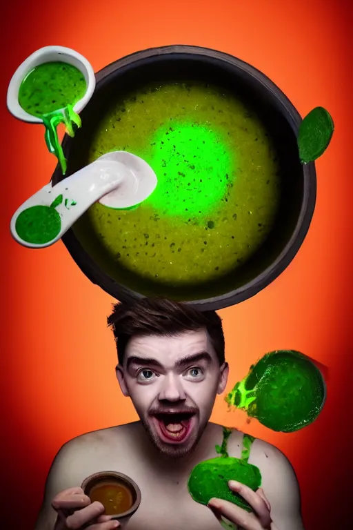 Image similar to 📷 jacksepticeye bathing in soup, made of food, head portrait, dynamic lighting, 4 k