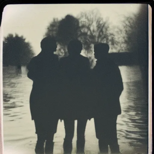 Image similar to an old polaroid of the silhouette of three friends standing in front of a flooded german town, chiaroscuro