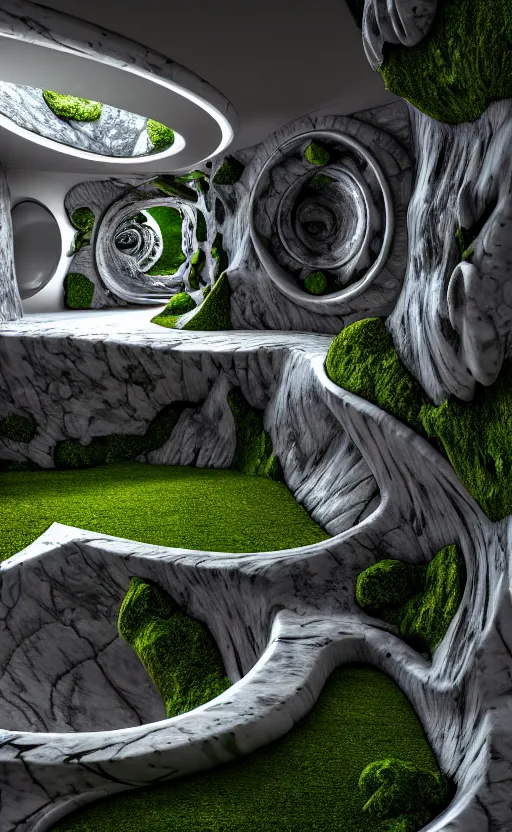 Image similar to highly detailed ultra sharp 3 d render villa interior cinematic composition of a smooth ceramic porcelain biomorphic magnolia stone nebula fluid fractal sci - fi surreal architecture landscape, granite, metallic, magnesium, marble, moss and lichen, vincent callebaut composition, mamou - mani, archviz, beautiful lighting, 8 k, unreal engine, hdr,