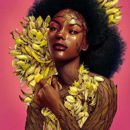 Prompt: the portrait of an absurdly beautiful, graceful, elegant young black woman made of bananas and petals looking up, an ultrafine detailed illustration by kim jung gi, irakli nadar, intricate linework, bright colors, octopath traveler, final fantasy, angular, unreal engine 5 highly rendered, global illumination, radiant light, detailed and intricate environment