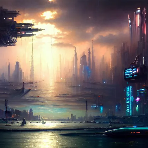 Prompt: a Stunning painting of a cyberpunk city on the sea, epic lighting, beautiful sky, hyper detailed, Realistic, 8K Resolution, annibale Siconolfi, Peter Mohrbacher, donato giancola, Joseph Christian Leyendecker, WLOP, Boris Vallejo