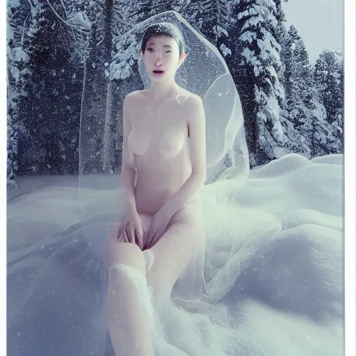 Image similar to a instax photo of fuji mountain, a tall japanese girl in a transparent sheer fabric dress against the background of fuji mountain, severe snow, full body shot, by peter kemp, by monia merlo, hyperrealistic, hyperdetailed, octane render, 8 k