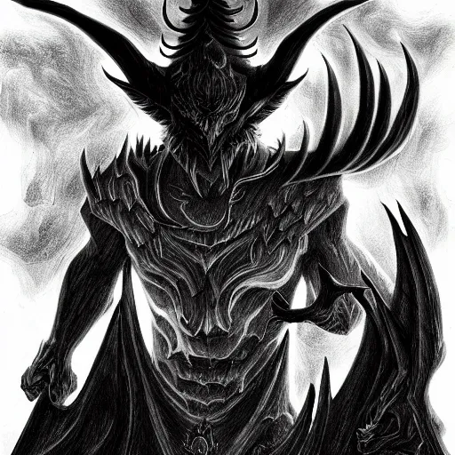 Image similar to full body grayscale drawing by Anato Finnstark of horned demon in heroic pose, swirling flames